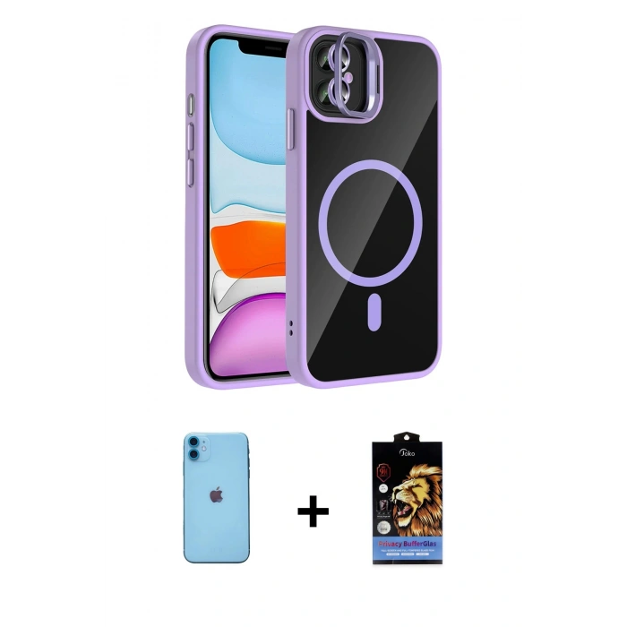 MARSİLYAN™- iPhone 11 Kılıf Yadigar Asil Koleksiyonu - Siyah Buffer Hayalet Cam Ekran Koruyucu + Neon Fosforlu Kamera Lens - MI