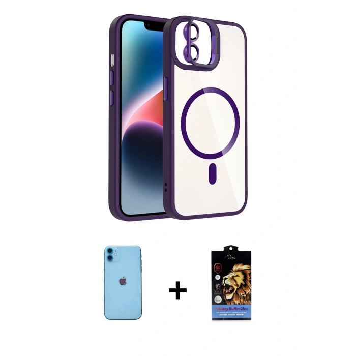 MARSİLYAN™- iPhone 11 Kılıf Yadigar Asil Koleksiyonu - Siyah Buffer Hayalet Cam Ekran Koruyucu + Neon Fosforlu Kamera Lens - MI