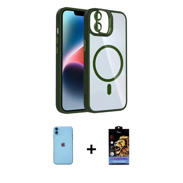 MARSİLYAN™- iPhone 11 Kılıf Yadigar Asil Koleksiyonu - Siyah Buffer Hayalet Cam Ekran Koruyucu + Neon Fosforlu Kamera Lens - MI