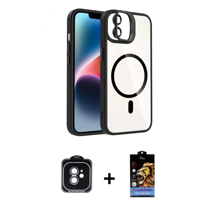 MARSİLYAN™- iPhone 11 Kılıf Yadigar Asil Koleksiyonu - Siyah Buffer Hayalet Cam Ekran Koruyucu + PVD Metal Kamera Lens - YL
