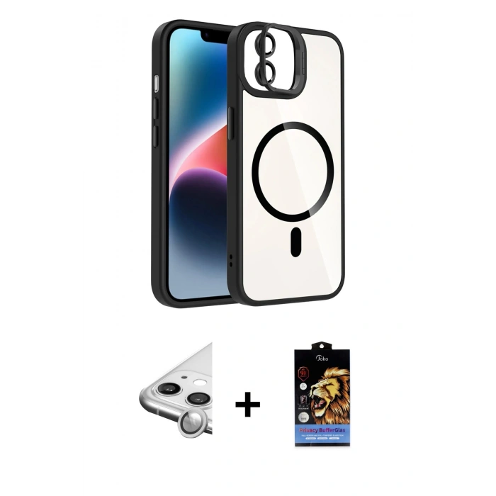 MARSİLYAN™- iPhone 11 Kılıf Yadigar Asil Koleksiyonu - Siyah Buffer Hayalet Cam Ekran Koruyucu + Raze Metal Kamera Lens - GS
