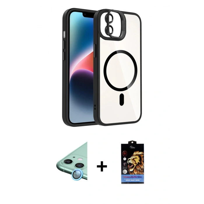 MARSİLYAN™- iPhone 11 Kılıf Yadigar Asil Koleksiyonu - Siyah Buffer Hayalet Cam Ekran Koruyucu + Raze Metal Kamera Lens - MI