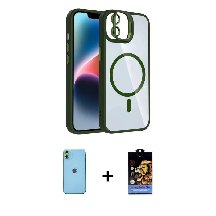 MARSİLYAN™- iPhone 11 Kılıf Yadigar Asil Koleksiyonu - Siyah Buffer Hayalet Cam Ekran Koruyucu + Neon Fosforlu Kamera Lens - YL