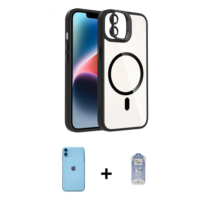 MARSİLYAN™- iPhone 11 Kılıf Yadigar Asil Koleksiyonu - Siyah Joko Magic 5D Cam + Mavi Neon Fosforlu Kamera Lens