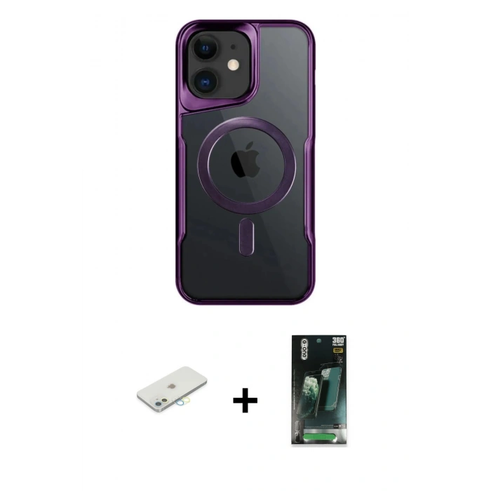 MARSİLYAN™- iPhone 11 Kılıf Yadigar Klasik Özel Seri - Şeffaf 360 Full Body Arka Koruyucu + Renkli Kamera Lens Koruma Cam - SI