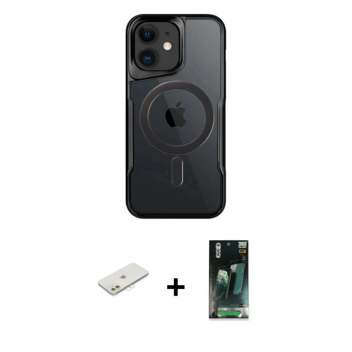 MARSİLYAN™- iPhone 11 Kılıf Yadigar Klasik Özel Seri - Şeffaf 360 Full Body Arka Koruyucu + Renkli Kamera Lens Koruma Cam - TU