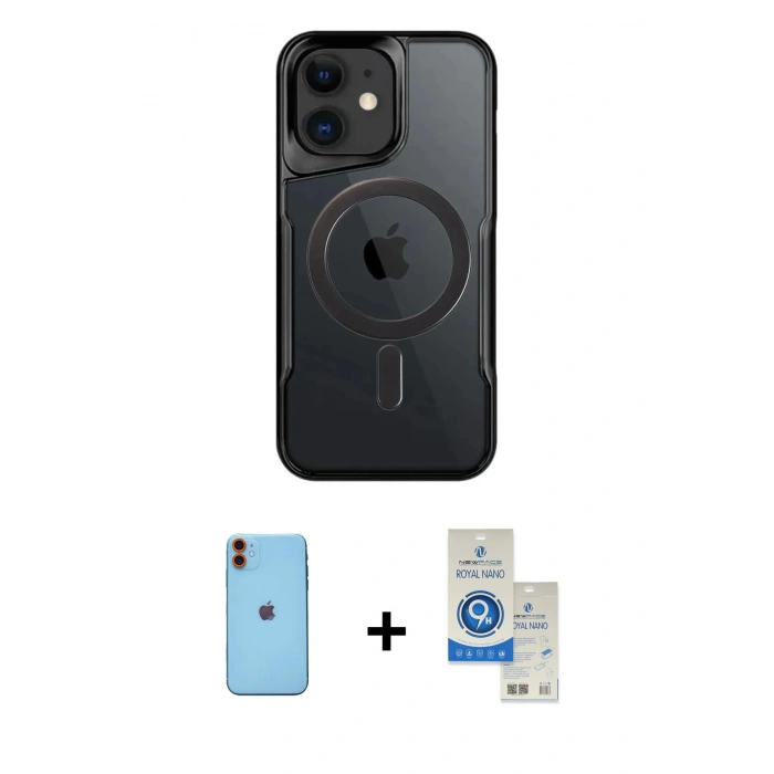 MARSİLYAN™- iPhone 11 Kılıf Yadigar Klasik Özel Seri - Şeffaf Royal Nano Ekran Koruyucu + Neon Fosforlu Kamera Lens - TU