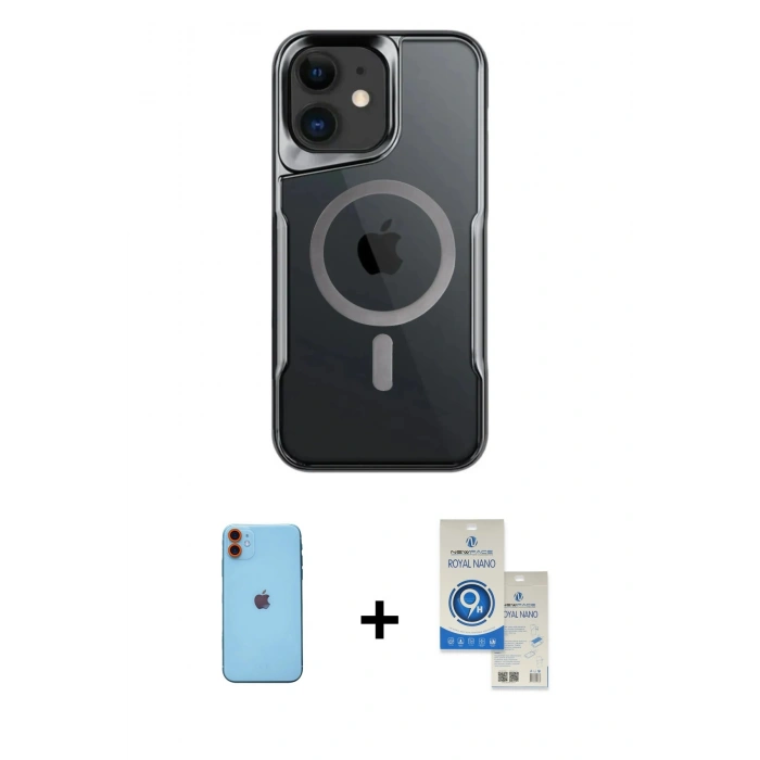 MARSİLYAN™- iPhone 11 Kılıf Yadigar Klasik Özel Seri - Şeffaf Royal Nano Ekran Koruyucu + Neon Fosforlu Kamera Lens - TU