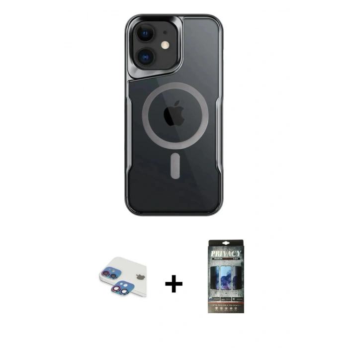 MARSİLYAN™- iPhone 11 Kılıf Yadigar Klasik Özel Seri - Siyah 34D Hayalet Izgaralı Cam + Pers Alüminyum Kamera Lens - GI