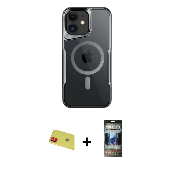 MARSİLYAN™- iPhone 11 Kılıf Yadigar Klasik Özel Seri - Siyah 34D Hayalet Izgaralı Cam + Kırmızı Rainbow Kamera Lens Koruma Cam