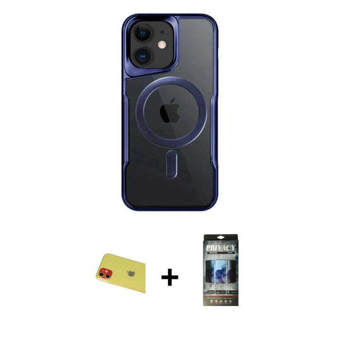 MARSİLYAN™- iPhone 11 Kılıf Yadigar Klasik Özel Seri - Siyah 34D Hayalet Izgaralı Cam + Kırmızı Rainbow Kamera Lens Koruma Cam