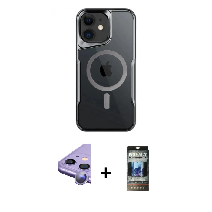 MARSİLYAN™- iPhone 11 Kılıf Yadigar Klasik Özel Seri - Siyah 34D Hayalet Izgaralı Cam + Raze Metal Kamera Lens - MR