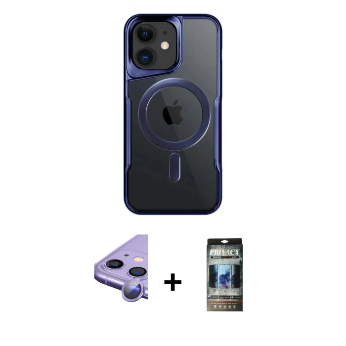 MARSİLYAN™- iPhone 11 Kılıf Yadigar Klasik Özel Seri - Siyah 34D Hayalet Izgaralı Cam + Raze Metal Kamera Lens - MR