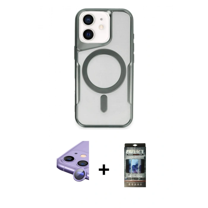 MARSİLYAN™- iPhone 11 Kılıf Yadigar Klasik Özel Seri - Siyah 34D Hayalet Izgaralı Cam + Raze Metal Kamera Lens - MR