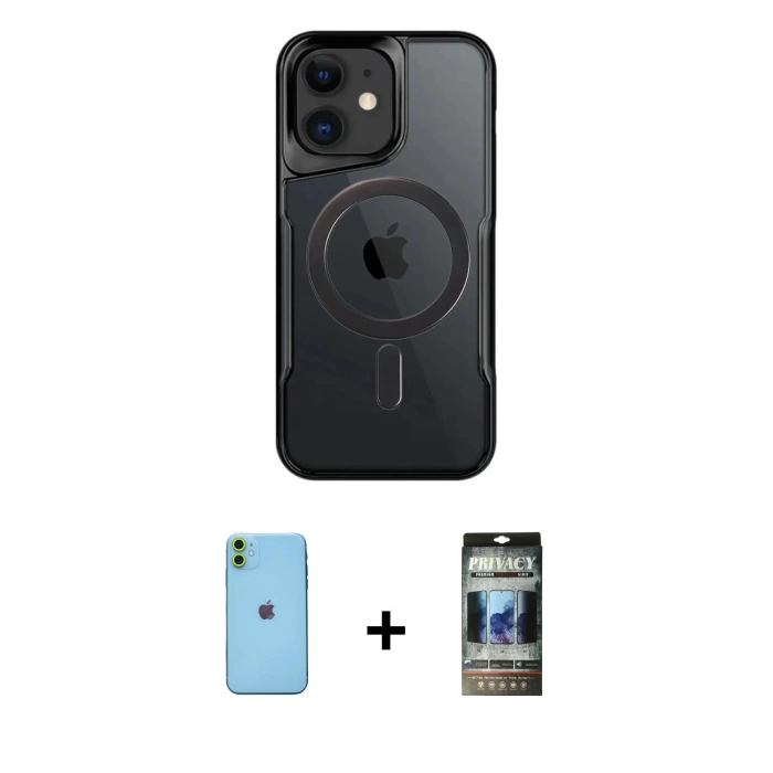MARSİLYAN™- iPhone 11 Kılıf Yadigar Klasik Özel Seri - Siyah 34D Hayalet Izgaralı Cam + Neon Fosforlu Kamera Lens - YL