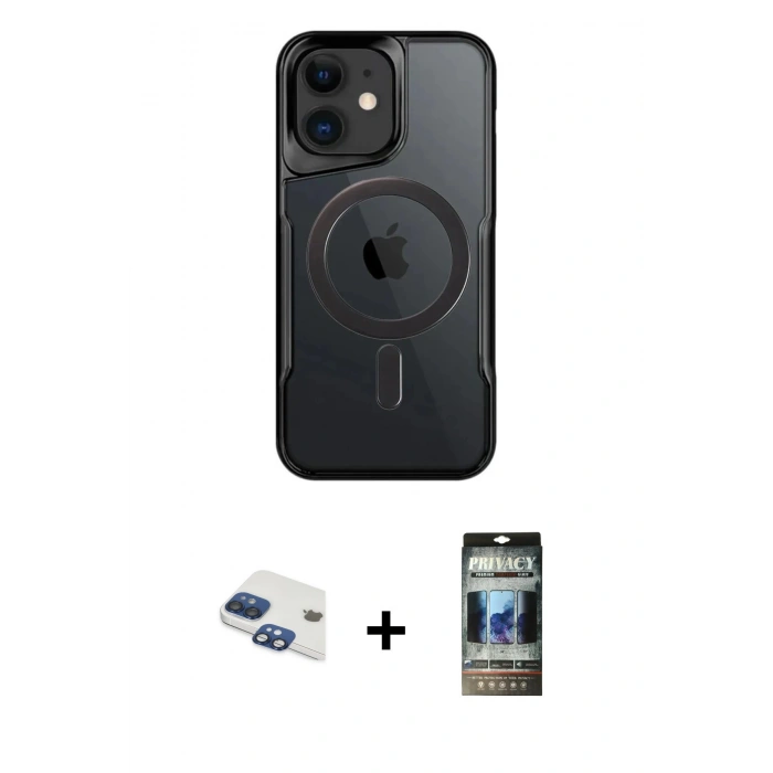 MARSİLYAN™- iPhone 11 Kılıf Yadigar Klasik Özel Seri - Siyah 34D Hayalet Izgaralı Cam + Pers Alüminyum Kamera Lens - LT