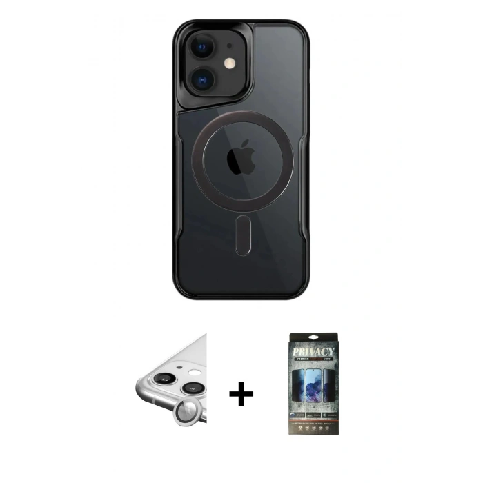 MARSİLYAN™- iPhone 11 Kılıf Yadigar Klasik Özel Seri - Siyah 34D Hayalet Izgaralı Cam + Raze Metal Kamera Lens - GS