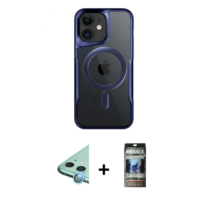 MARSİLYAN™- iPhone 11 Kılıf Yadigar Klasik Özel Seri - Siyah 34D Hayalet Izgaralı Cam + Raze Metal Kamera Lens - MI