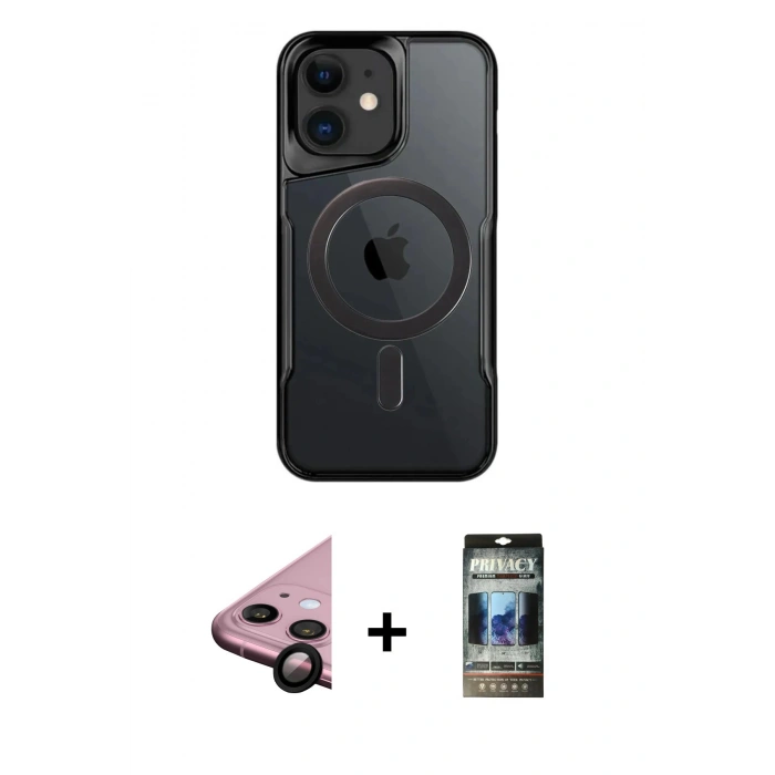 MARSİLYAN™- iPhone 11 Kılıf Yadigar Klasik Özel Seri - Siyah 34D Hayalet Izgaralı Cam + Raze Metal Kamera Lens - SH