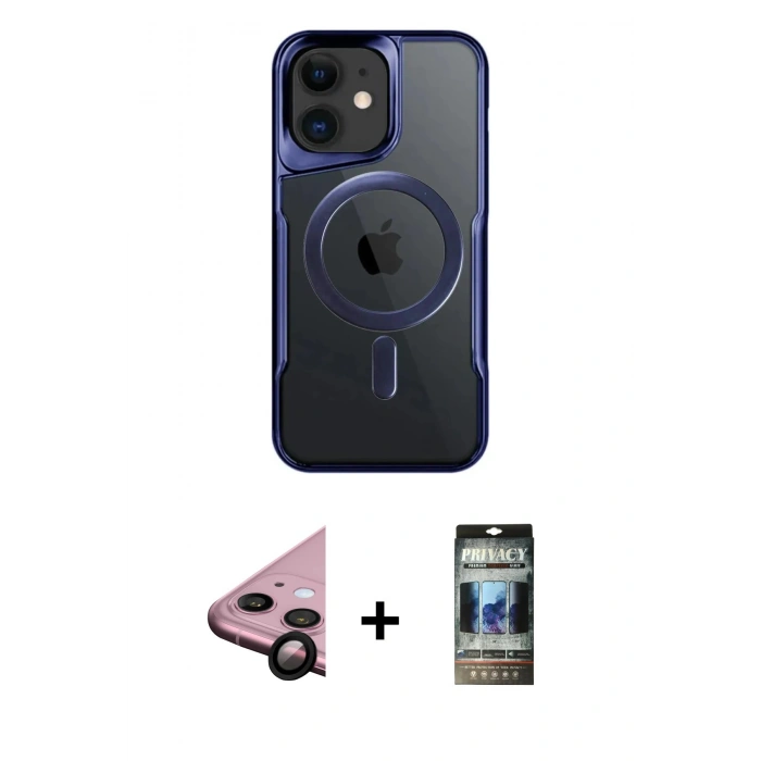 MARSİLYAN™- iPhone 11 Kılıf Yadigar Klasik Özel Seri - Siyah 34D Hayalet Izgaralı Cam + Raze Metal Kamera Lens - SH