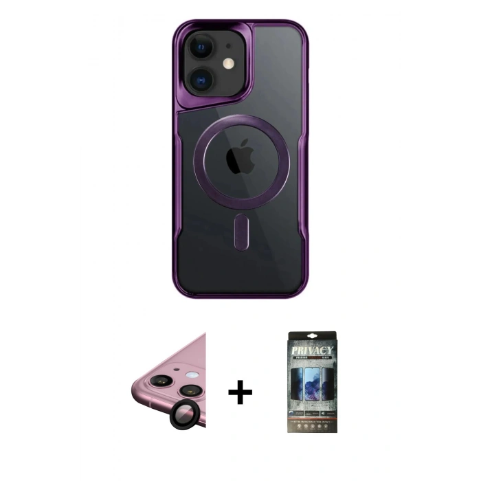 MARSİLYAN™- iPhone 11 Kılıf Yadigar Klasik Özel Seri - Siyah 34D Hayalet Izgaralı Cam + Raze Metal Kamera Lens - SH