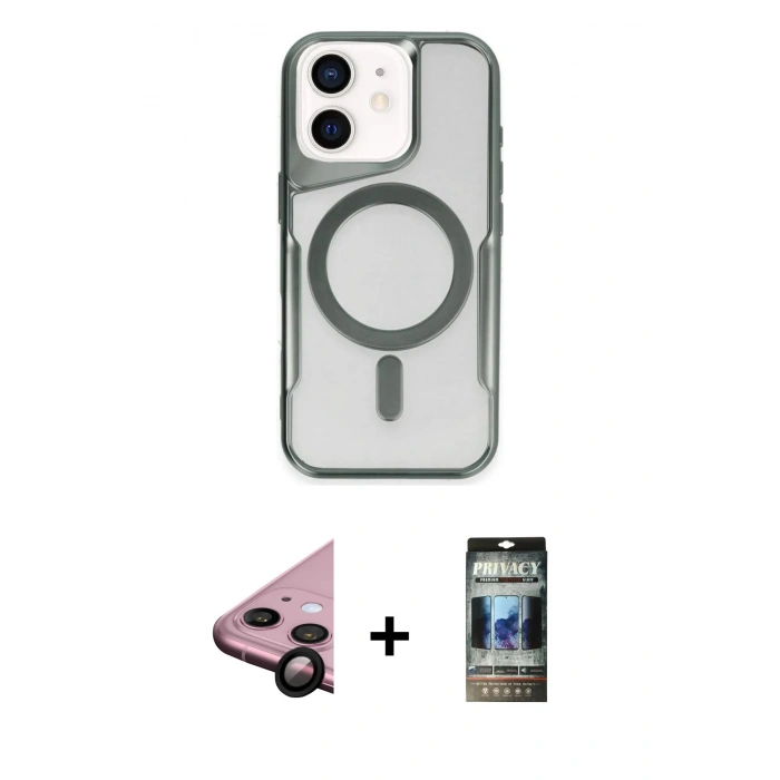 MARSİLYAN™- iPhone 11 Kılıf Yadigar Klasik Özel Seri - Siyah 34D Hayalet Izgaralı Cam + Raze Metal Kamera Lens - SH
