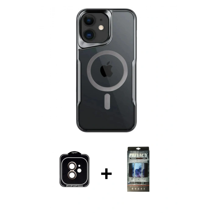 MARSİLYAN™- iPhone 11 Kılıf Yadigar Klasik Özel Seri - Siyah 34D Hayalet Izgaralı Cam + PVD Metal Kamera Lens - TU