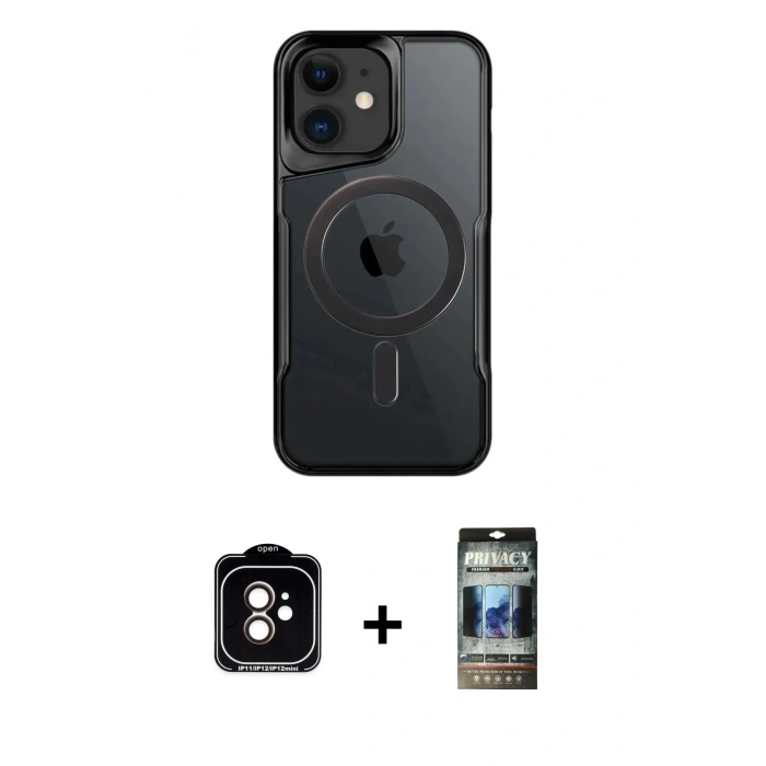 MARSİLYAN™- iPhone 11 Kılıf Yadigar Klasik Özel Seri - Siyah 34D Hayalet Izgaralı Cam + PVD Metal Kamera Lens - TU