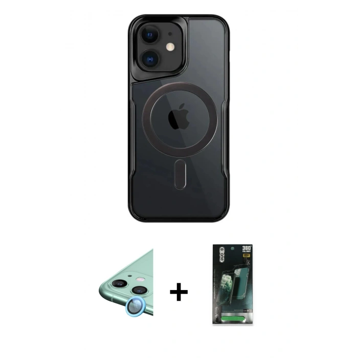 MARSİLYAN™- iPhone 11 Kılıf Yadigar Klasik Özel Seri - Siyah 360 Mat Full Body Arka Koruyucu + Raze Metal Kamera Lens - MI