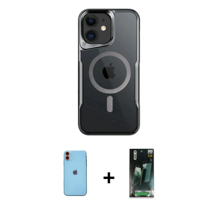MARSİLYAN™- iPhone 11 Kılıf Yadigar Klasik Özel Seri - Siyah 360 Mat Full Body Arka Koruyucu + Neon Fosforlu Kamera Lens - TU
