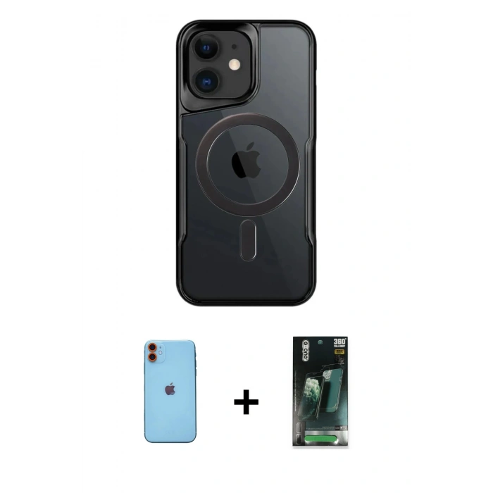 MARSİLYAN™- iPhone 11 Kılıf Yadigar Klasik Özel Seri - Siyah 360 Mat Full Body Arka Koruyucu + Neon Fosforlu Kamera Lens - TU