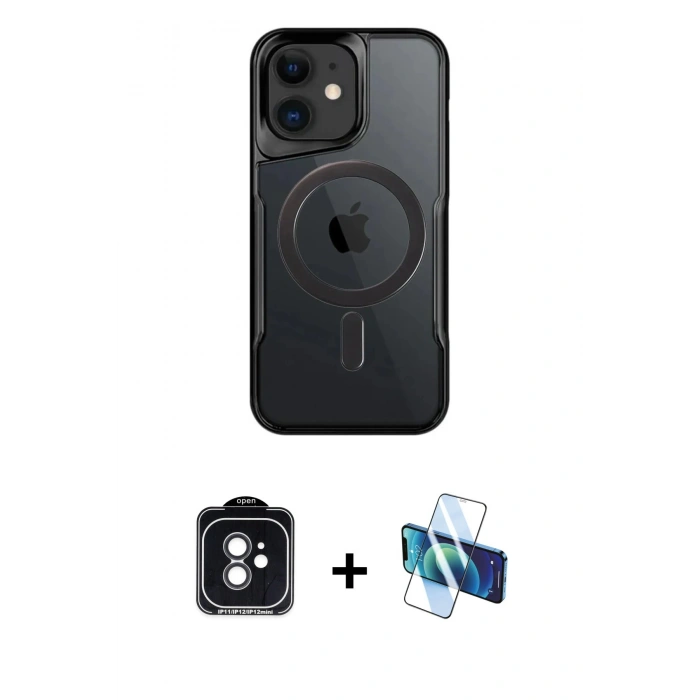 MARSİLYAN™- iPhone 11 Kılıf Yadigar Klasik Özel Seri - Siyah 3D Antistatik Cam Ekran Koruyucu + PVD Metal Kamera Lens - SH