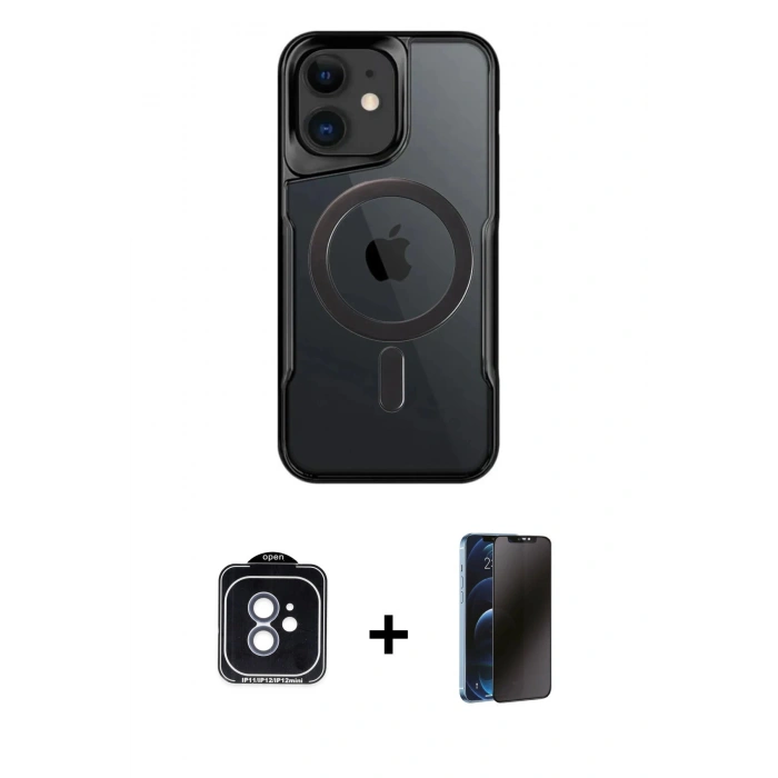 MARSİLYAN™- iPhone 11 Kılıf Yadigar Klasik Özel Seri - Siyah 3D Antistatik Hayalet Cam Ekran Koruyucu + PVD Metal Kamera Lens - MI