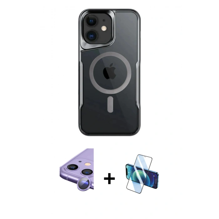 MARSİLYAN™- iPhone 11 Kılıf Yadigar Klasik Özel Seri - Siyah 3D Antistatik Seramik Nano Ekran Koruyucu + Mor Raze Metal Kamera Lens