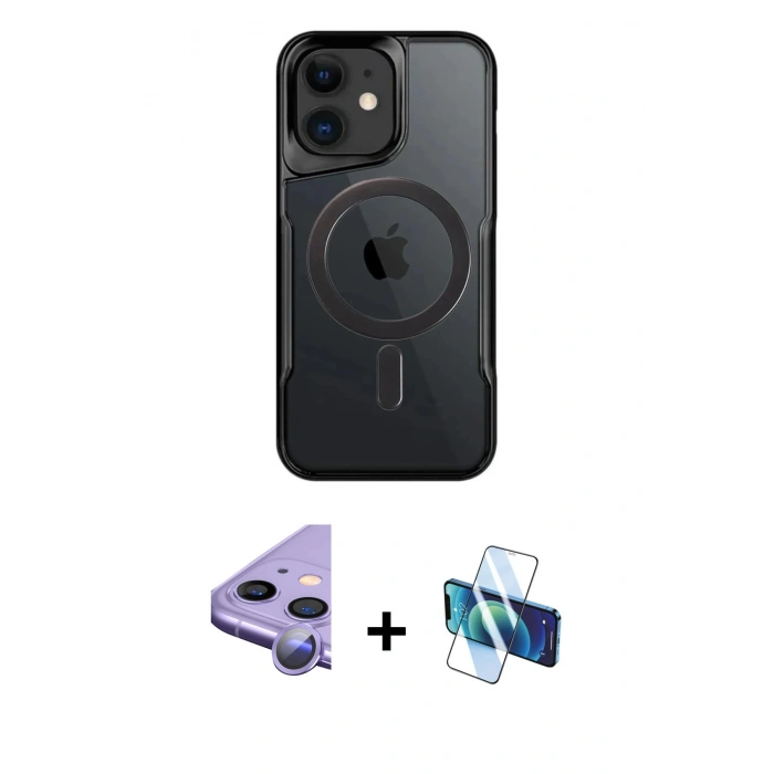 MARSİLYAN™- iPhone 11 Kılıf Yadigar Klasik Özel Seri - Siyah 3D Antistatik Seramik Nano Ekran Koruyucu + Mor Raze Metal Kamera Lens