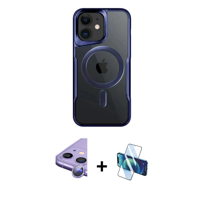 MARSİLYAN™- iPhone 11 Kılıf Yadigar Klasik Özel Seri - Siyah 3D Antistatik Seramik Nano Ekran Koruyucu + Mor Raze Metal Kamera Lens