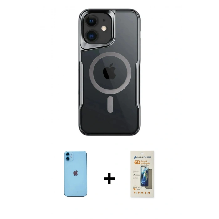 MARSİLYAN™- iPhone 11 Kılıf Yadigar Klasik Özel Seri - Siyah 6D Mat Seramik Hayalet Nano Ekran Koruyucu + Mavi Neon Fosforlu Kamera Lens