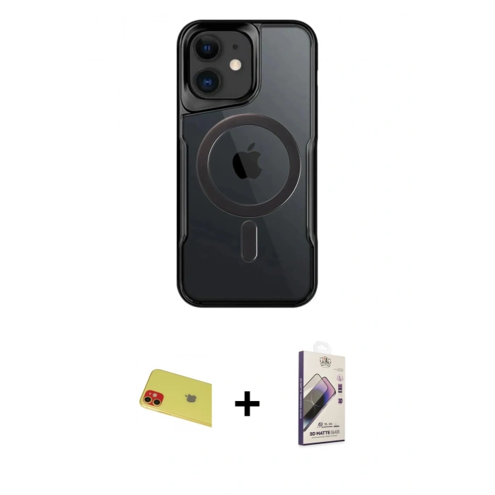 MARSİLYAN™- iPhone 11 Kılıf Yadigar Klasik Özel Seri - Siyah Bilvis 3D Mat Cam Ekran Koruyucu + Rainbow Kamera Lens Koruma Cam - KI