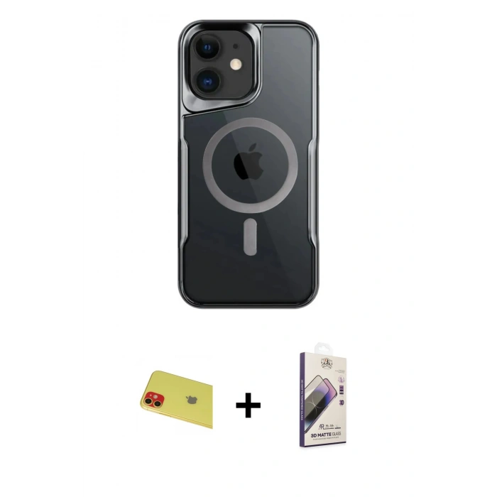 MARSİLYAN™- iPhone 11 Kılıf Yadigar Klasik Özel Seri - Siyah Bilvis 3D Mat Cam Ekran Koruyucu + Rainbow Kamera Lens Koruma Cam - KI
