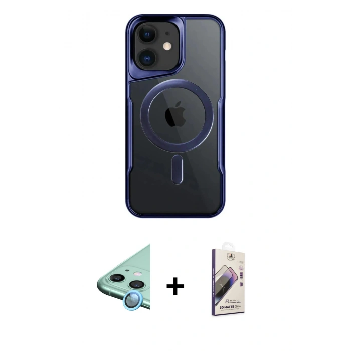 MARSİLYAN™- iPhone 11 Kılıf Yadigar Klasik Özel Seri - Siyah Bilvis 3D Mat Cam Ekran Koruyucu + Mavi Raze Metal Kamera Lens