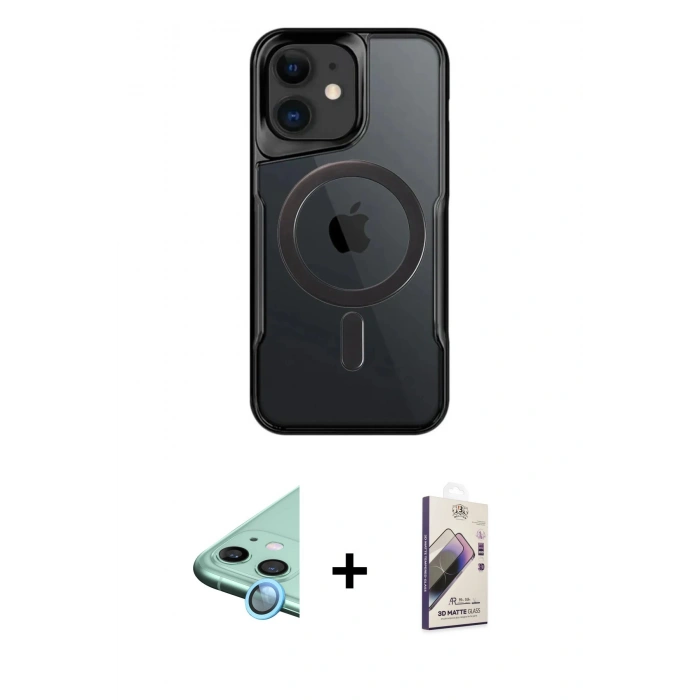 MARSİLYAN™- iPhone 11 Kılıf Yadigar Klasik Özel Seri - Siyah Bilvis 3D Mat Cam Ekran Koruyucu + Mavi Raze Metal Kamera Lens
