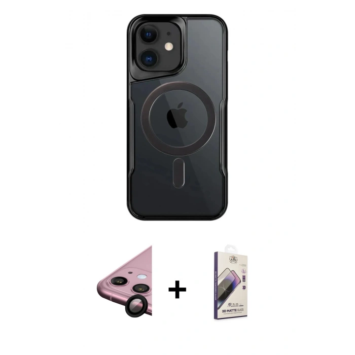 MARSİLYAN™- iPhone 11 Kılıf Yadigar Klasik Özel Seri - Siyah Bilvis 3D Mat Cam Ekran Koruyucu + Raze Metal Kamera Lens - SH