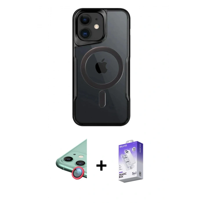 MARSİLYAN™- iPhone 11 Kılıf Yadigar Klasik Özel Seri - Siyah Bilvis 5in1 3D Magic Cam Ekran Koruyucu + Raze Metal Kamera Lens - KI