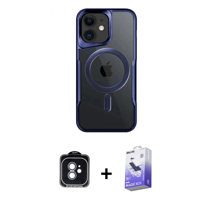 MARSİLYAN™- iPhone 11 Kılıf Yadigar Klasik Özel Seri - Siyah Bilvis 5in1 5D Magic Hayalet Cam Ekran Koruyucu + Mavi PVD Metal Kamera Lens