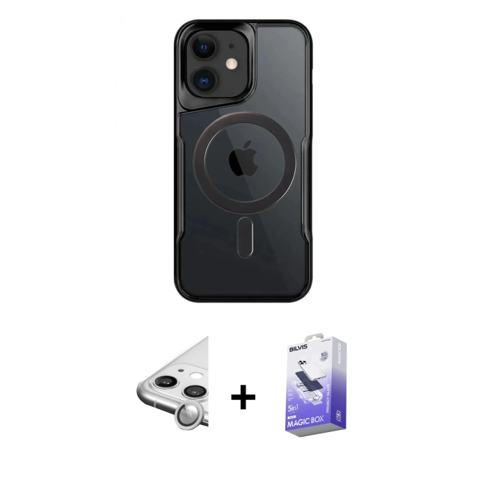 MARSİLYAN™- iPhone 11 Kılıf Yadigar Klasik Özel Seri - Siyah Bilvis 5in1 5D Magic Hayalet Cam Ekran Koruyucu + Raze Metal Kamera Lens - GS