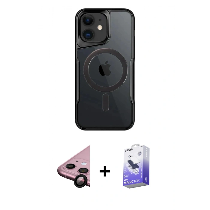 MARSİLYAN™- iPhone 11 Kılıf Yadigar Klasik Özel Seri - Siyah Bilvis 5in1 5D Magic Hayalet Cam Ekran Koruyucu + Siyah Raze Metal Kamera Lens