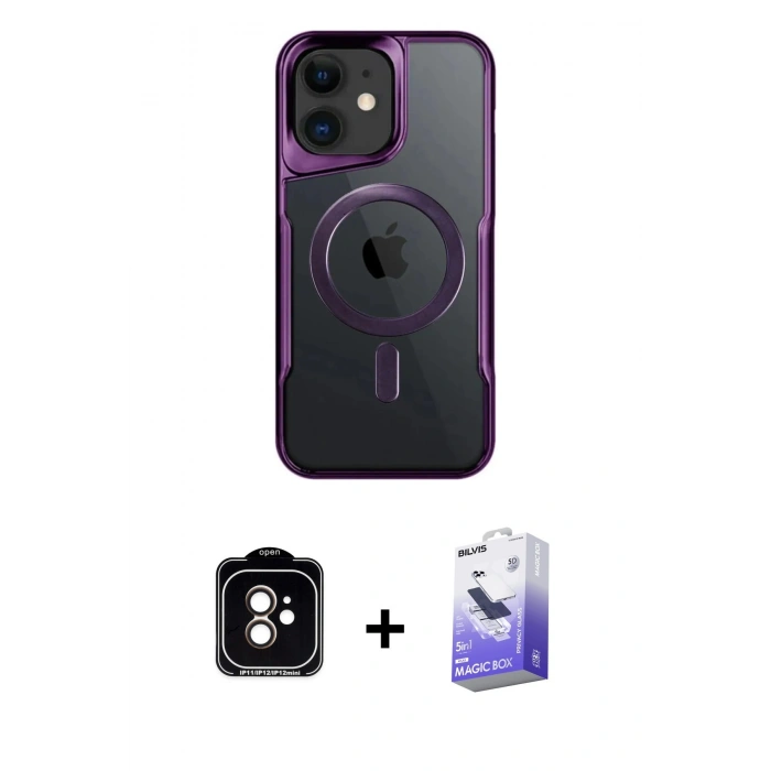 MARSİLYAN™- iPhone 11 Kılıf Yadigar Klasik Özel Seri - Siyah Bilvis 5in1 5D Magic Hayalet Cam Ekran Koruyucu + Turuncu PVD Metal Kamera Lens
