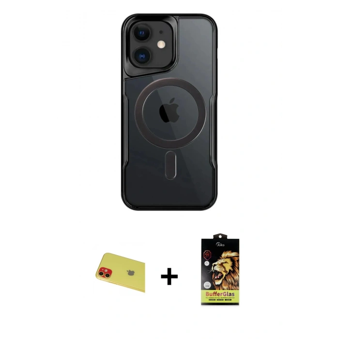 MARSİLYAN™- iPhone 11 Kılıf Yadigar Klasik Özel Seri - Siyah Buffer Cam Ekran Koruyucu + Rainbow Kamera Lens Koruma Cam - KI