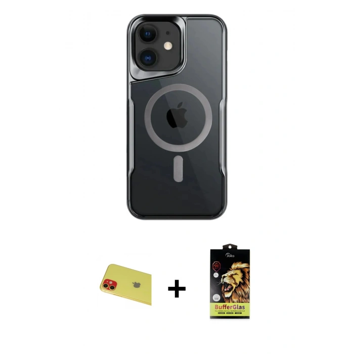 MARSİLYAN™- iPhone 11 Kılıf Yadigar Klasik Özel Seri - Siyah Buffer Cam Ekran Koruyucu + Rainbow Kamera Lens Koruma Cam - KI