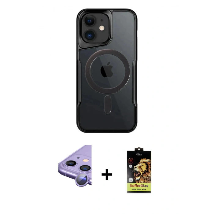 MARSİLYAN™- iPhone 11 Kılıf Yadigar Klasik Özel Seri - Siyah Buffer Cam Ekran Koruyucu + Raze Metal Kamera Lens - MR